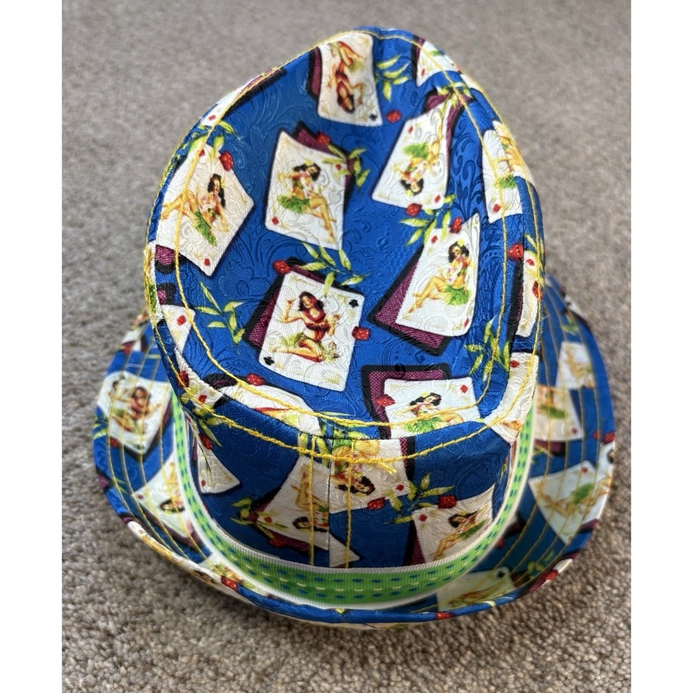 Robert Graham Fedora S/M‎ Hola Girl Playing Cards All Over Print Blue Hat Rare